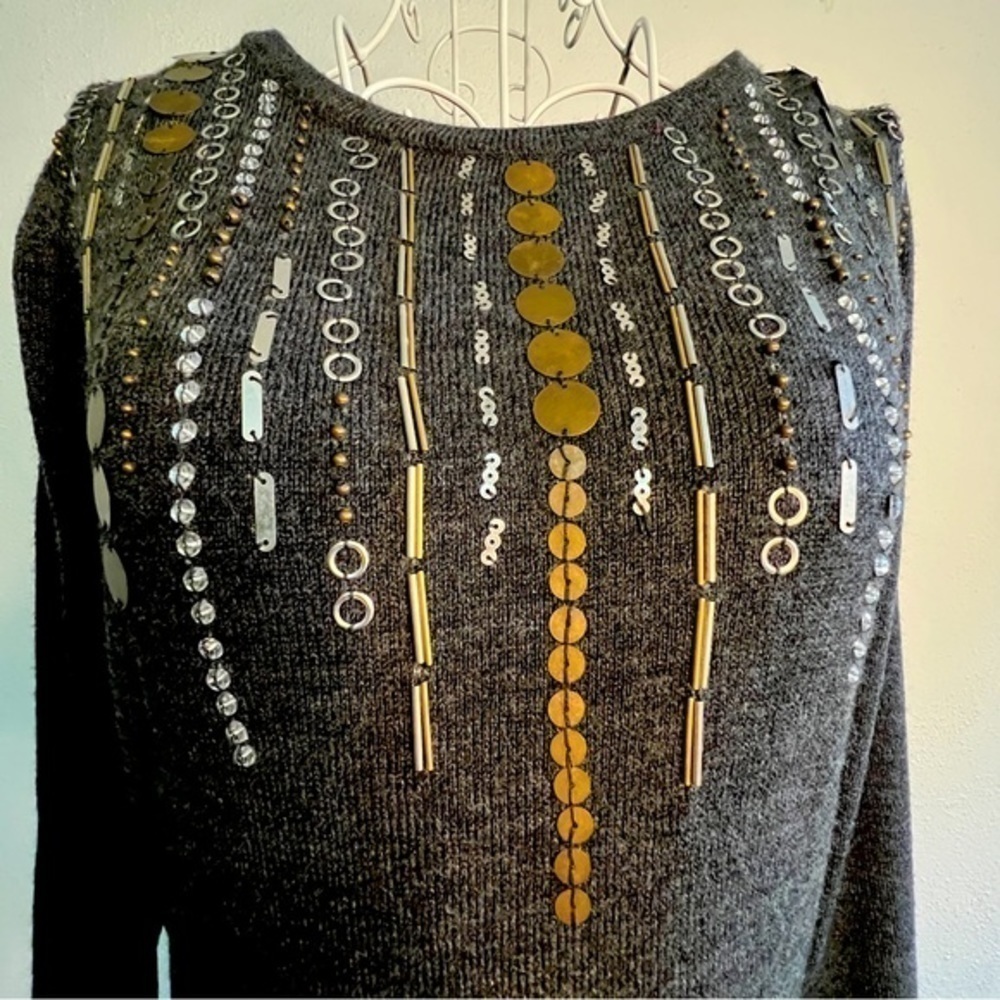 Ab Studio Long-Sleeved Gray Sweater Dress, Embellished Bodice. Sz M. Nwt. — image 2 of 8